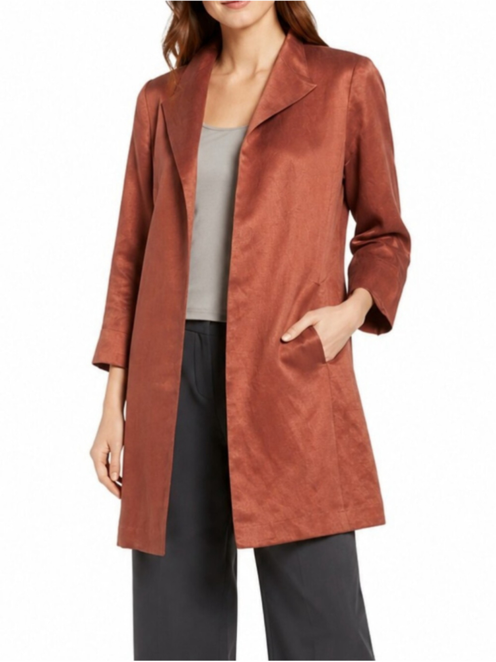 EILEEN FISHER Organic Linen & Silk Open Front Blazer Jacket Terracotta Red PP